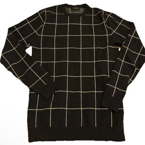 Zara Man Mens Medium Black White Stripe Plaid Crew Neck Knit Cozy Sweater